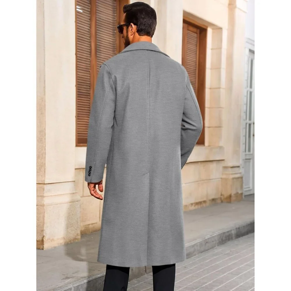 Men's Grey Long Trench Coat Single Breasted Casual Fall Winter Warm Pea Coat